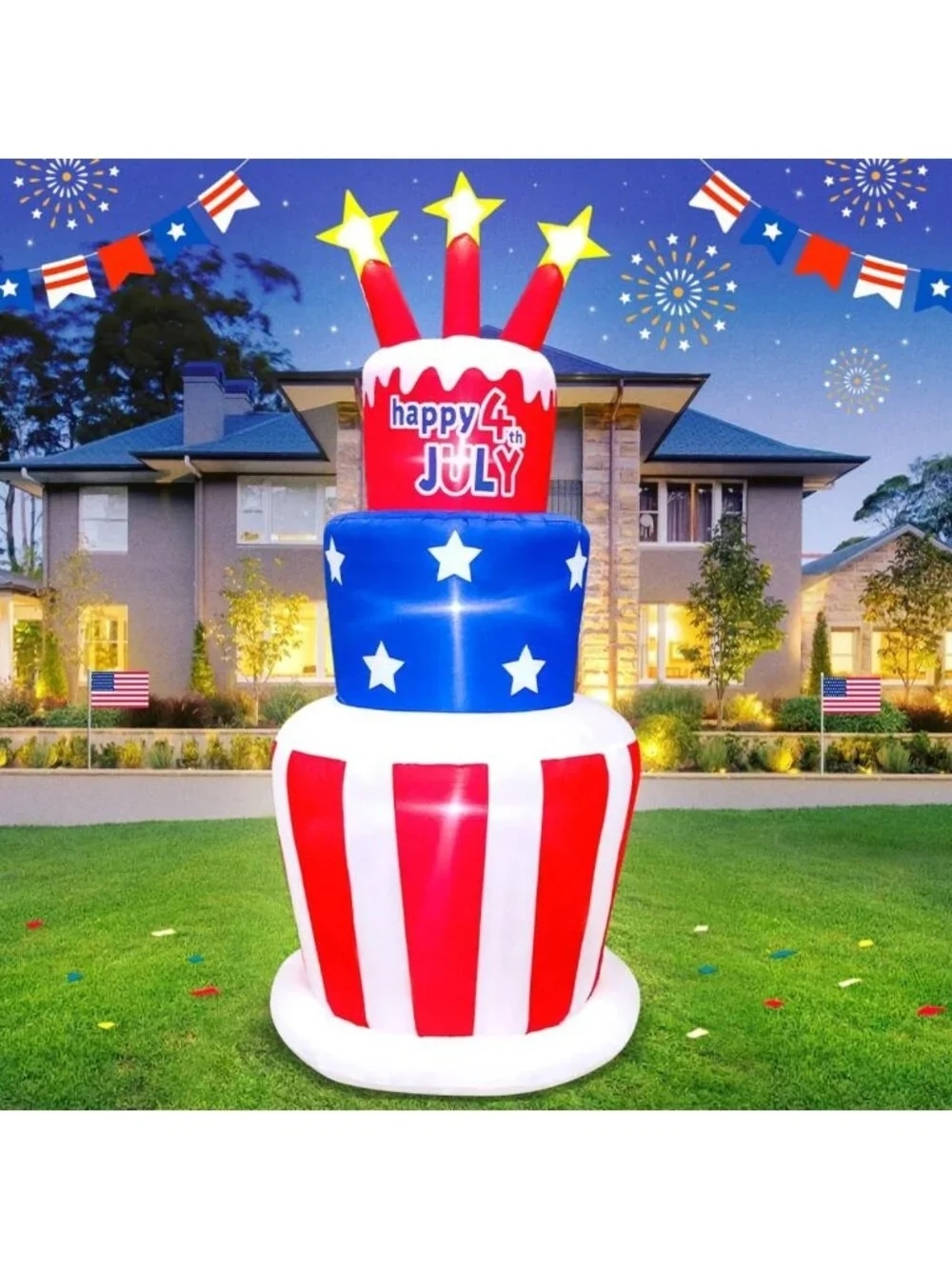 6FT Inflatable Patriotic Cake with LED Lights - 4th of July Outdoor Decor, Yard